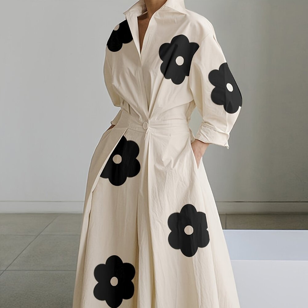 Long Sleeves Loose Floral Printed Pleated Tied Waist Lapel Midi Dress